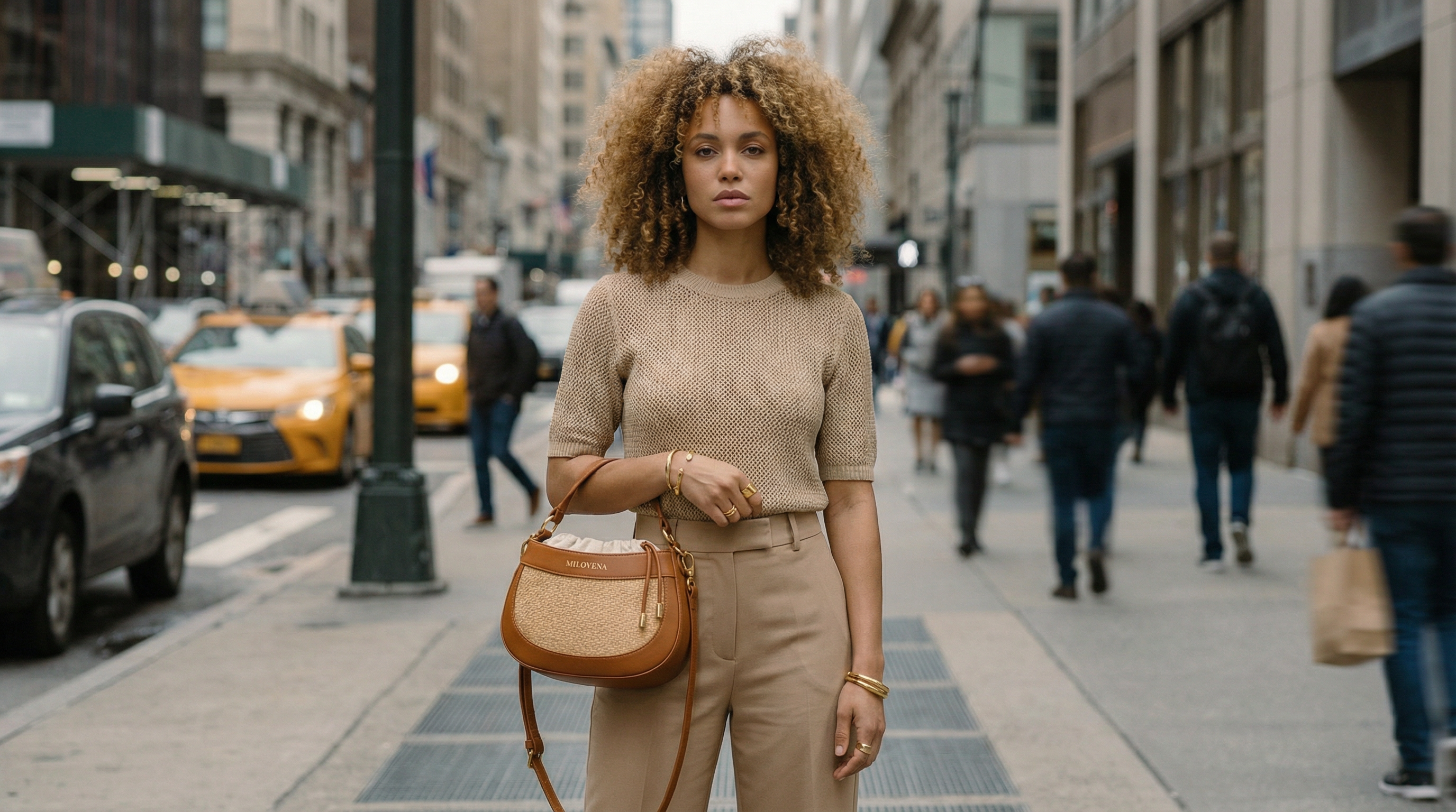 Woman on an urban street wearing beige outfit and carrying the Milovena Vertical bag in cognac leather and woven fabric