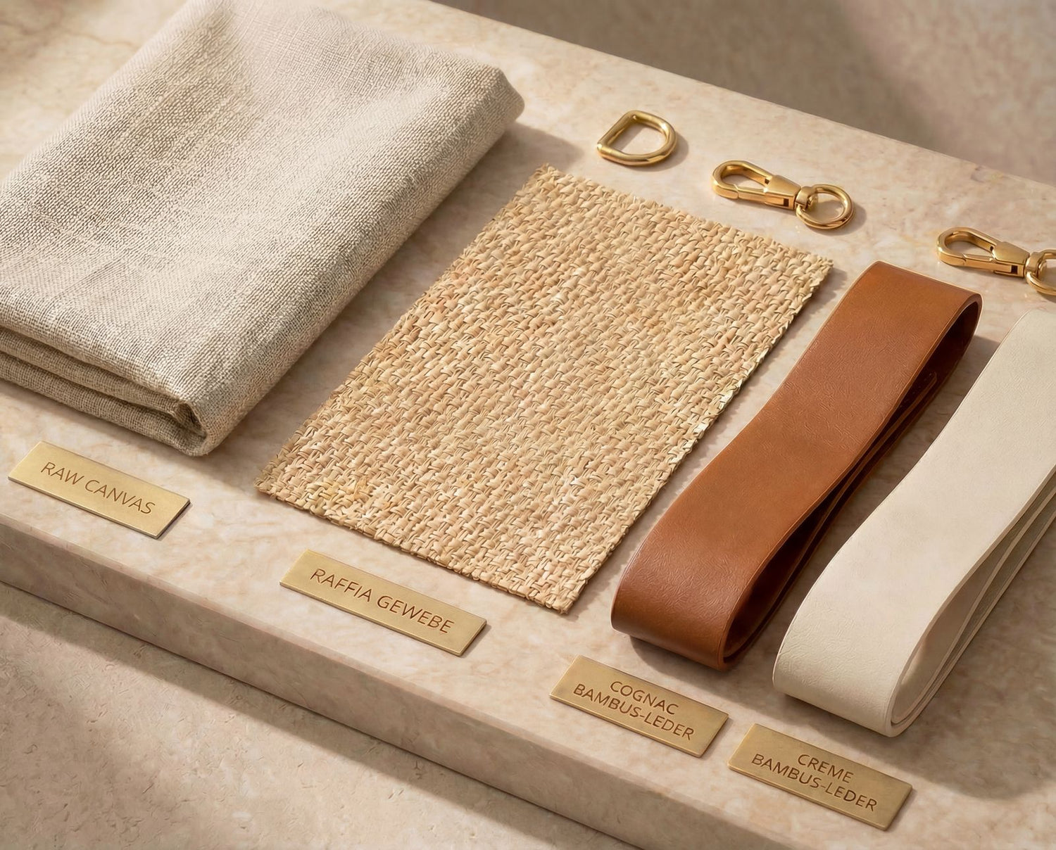 Close-up of woven raffia, raw canvas and vegan bamboo leather materials